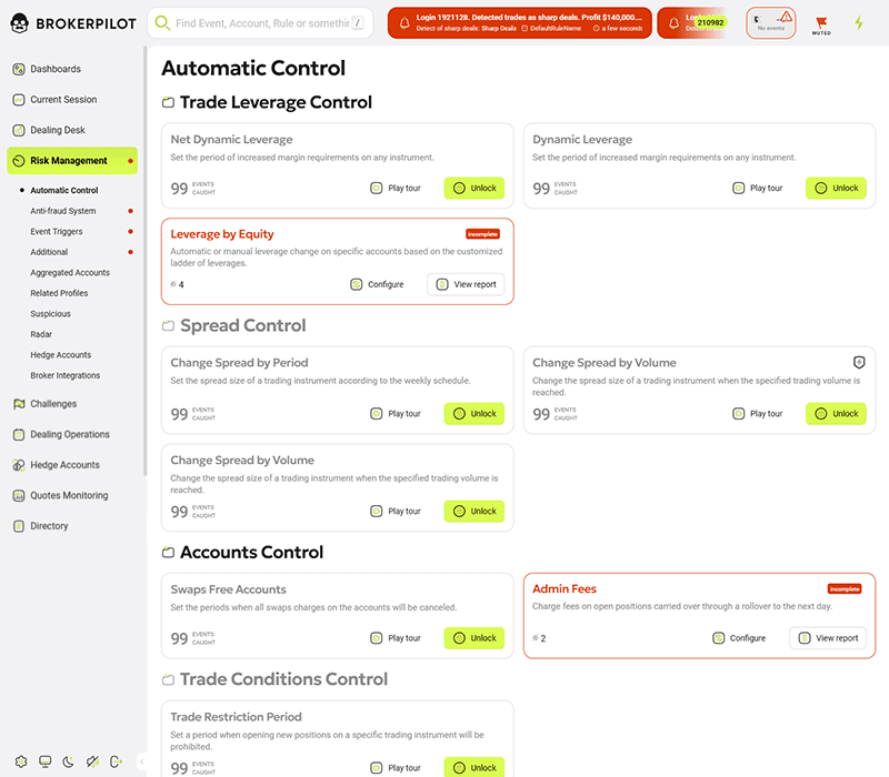 Automatic risk controls dashboard