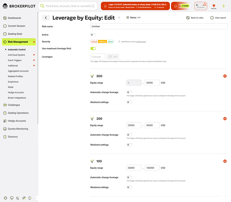 Dynamic leverage configuration interface