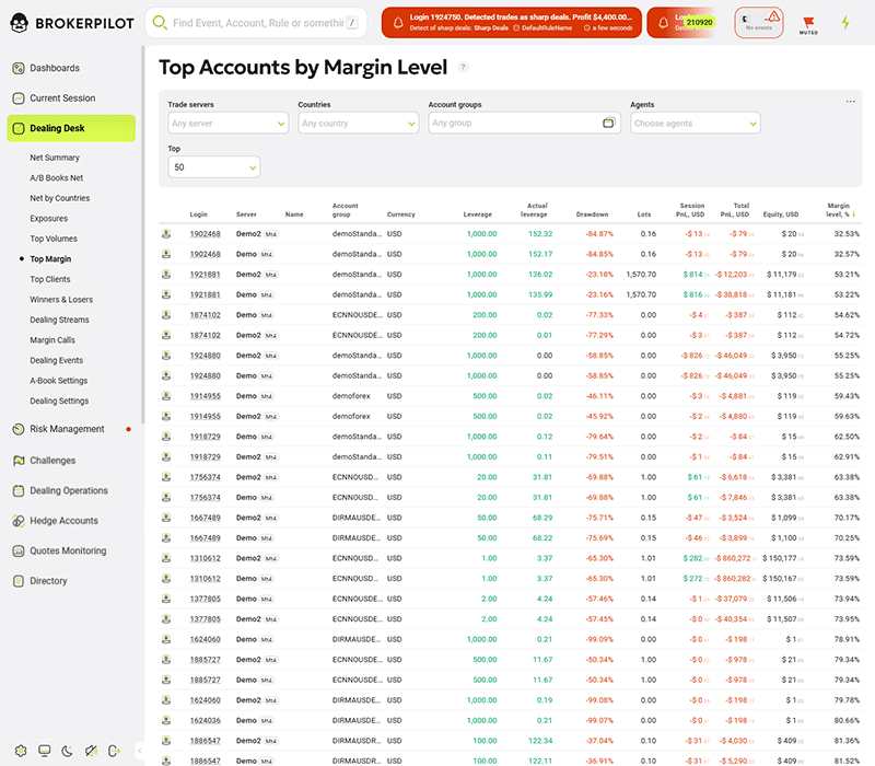 Margin monitoring panel highlighting high-risk accounts