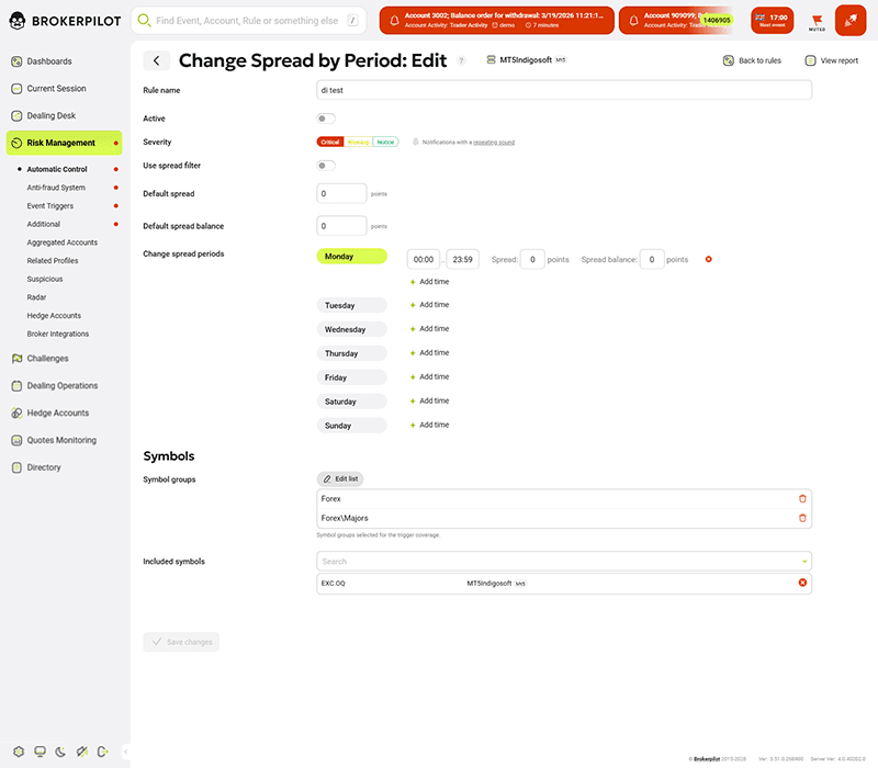 Spread rules management panel for brokers